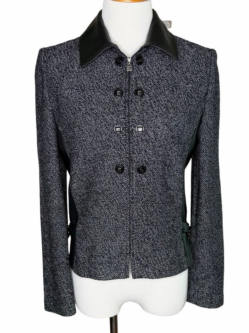 St. John Collection by Marie Gray Santana Knit Leather Jacket Size 6 Black White